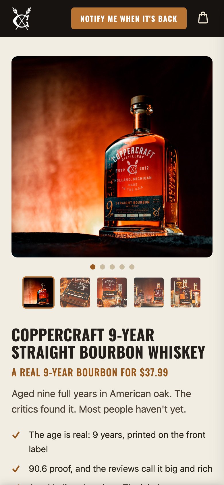 Coppercraft 9-Year product page on mobile
