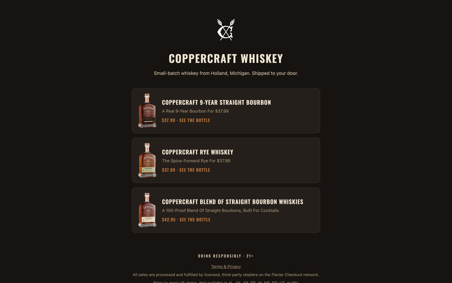 Coppercraft landing page with age gate and ship-state logic
